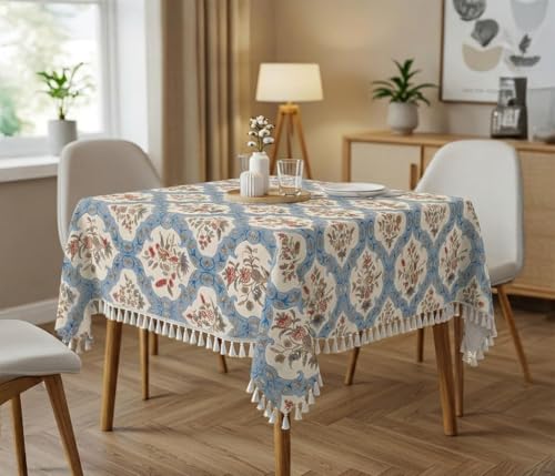 Image of RRC Microfiber Cotton Table Cloth Pack of 2 for 4 Seater Dining Table, 45 x 60 Inch Rectangular Printed Table Cover with Tassels, Washable, Durable & Fade Resistant