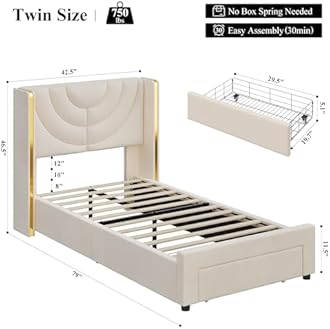 HITHOS Twin Upholstered LED Bed Frame with Storage Drawer, Velvet Kids Bed with Wingback Headboard, Princess Twin Platform Bed for Girls/Kids, Solid Wood Slats Support, No Box Spring Needed, Beige