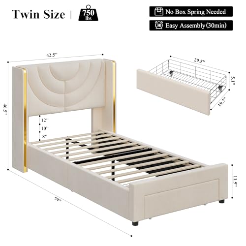 HITHOS Twin Upholstered LED Bed Frame with Storage Drawer, Velvet Kids Bed with Wingback Headboard, Princess Twin Platform Bed for Girls/Kids, Solid Wood Slats Support, No Box Spring Needed, Beige