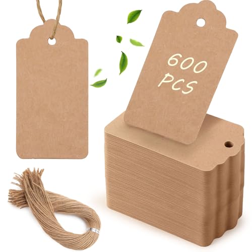 Image of SallyFashion 600pcs Price Tags with String, 1.7 x 2.8 inch Kraft Paper Gift Tags for Clothes DIY Crafts Wedding Holiday Baby Showers Birthdays