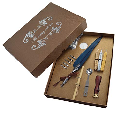 mifengda Antique Feather Dip Pen Set Vintage Writing Quill Ink Dip Pen Set Calligraphy Pen Set Luxury Quill Pen and Ink Accessories Set with 5 Metal Nibs Best Gift Set - Thumbnail 2