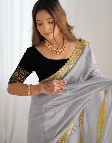 Image of SIRIL Women's Shimmer Net Sequence Embroidery Lace Saree for With Unstitched Blouse Piece