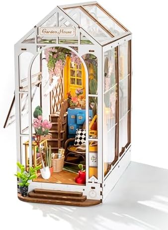 Rolife Book Nook Kit Wooden Bookcase 9.5" Garden House Miniature Kit with LED Decorative Bookends, 3D Puzzles for Adults Craft Hobby Gift for Girls Boys Adults