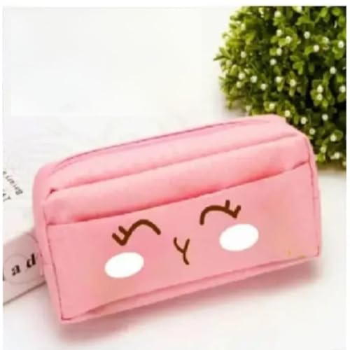 Image of Kawaii Blushing Face Pencil Pouch | Cute Blue Zipper Case for Girls & Kids (Pink)