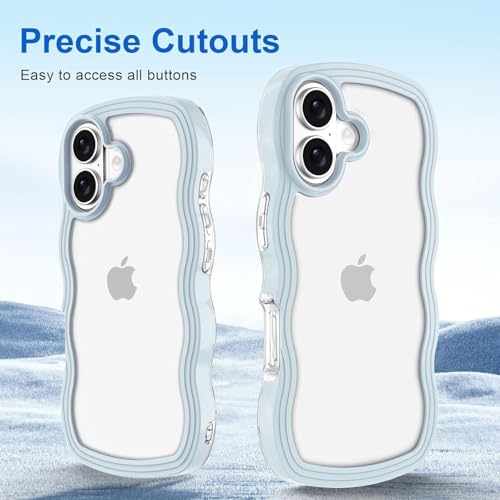 Image of GoldKart iPhone 17 Case Wavy Edge Clear Back Design, Anti-Slip Grip Cute Wave Curly Frame Shape Shockproof Soft TPU & Hard PC Bumper Protective Phone Case Cover for Women Girls - Light Blue
