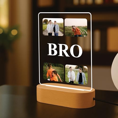 Image of Giftplease Personalized Brother Photo Night Light - Custom Acrylic LED Lamp with Picture Collages, Engraved BRO Wooden Base | Unique Birthday, Rakhi, Graduation Gift for Brother, Brother-in-Law