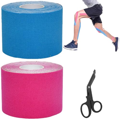 VIVIIHOO 2 Rollos de Cinta Kinesiológica 5cm x 5m - Impermeable y Elástica - Cinta Kinesio y Fisio para el Dolor de Rodillas, Codos y Hombros - Azul + Rosa con Tijeras Gratis