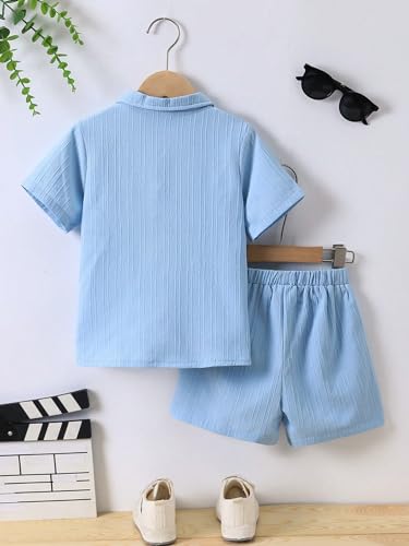 Image of SweatyRocks Boy's 2 Piece Summer Vacation Outfits Short Sleeve Collar Button Down Shirt and Shorts Clothing Set