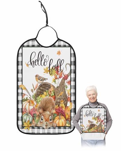 Thanksgiving Squirrel Adult Bib for Eating with Crumb Catcher,Hello Fall Pumpkin Buffalo Plaid Washable & Waterproof Terry Cloth Adjustable Elderly Women Men Adult Bibs Funny Apron Clothing Protector