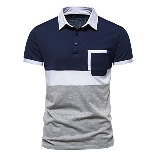 Tswcbyy Homme Polo T-Shirt Col Revers à Manches Courtes pour Hommes, Bouton Col avec Poche Polos Shirts Couleur Épissage Polo Top, Bleu Martine Cover