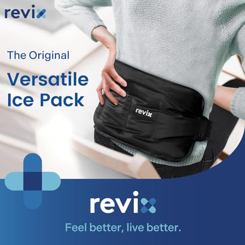 Image of REVIX Ice Pack for Injuries Reusable Gel for Lower Back & Shoulder, Black | 16x9in Full Coverage for Lower Back, Shoulder, Hip & Knee, Cold Compress Therapy, Hands-free Strap, Long-lasting Gel