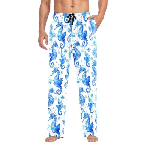 Blue Seahorses Pattern Men's Pajamas Pants Cotton Sleep Bottoms Pants Lounge Sleepwear - S