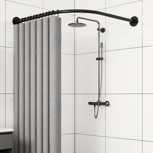 Barra de cortina de ducha en forma de L, extensible, sin taladro, barra de ducha curvada de acero inoxidable para bañera, color negro (tamaño: B 70-95 cm x 90-130 cm)