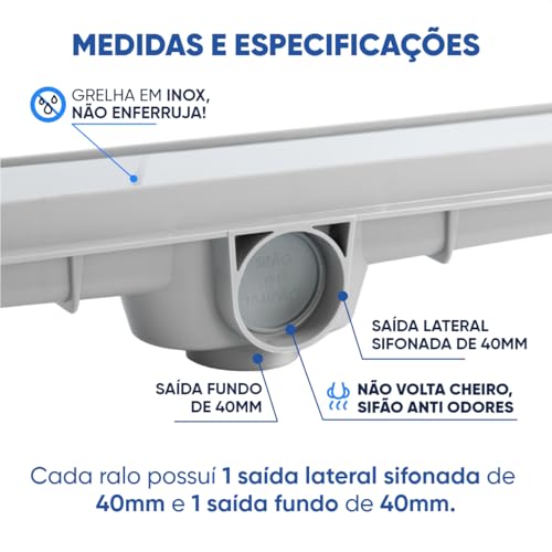 Ralo Linear Oculto Invisível Inteligente Sifonado para Banheiro Grelha em Inox 6x70cm (Cinza)