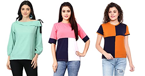 Image of DHRUVI TRENDZ Women's Regular Fit T-Shirt (2021 Turquoise & Pink & Mustard X-Large)