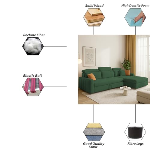Image of Casaliving Gagnon RHS 4 Seater L Shape Corner Sofa Cum Bed for Living Room (Green Fabric) Premium Fabric Sofa