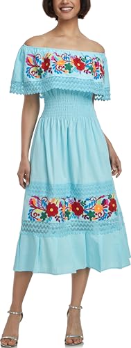 Image of YZXDORWJ Women Embroidered Mexican Peasant Casual Sexy Lace Off-Shoulder Long Dress