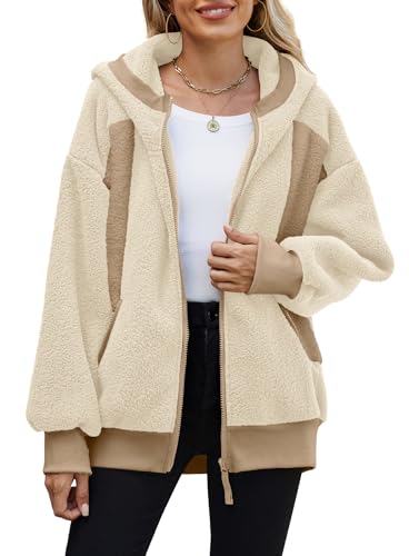 Yanekop Womens Oversized Sherpa Jacket Cozy Color Block Fleece Jacket Fuzzy Zip Up Hoodies Outerwear with Pockets2