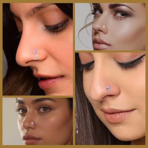 Nose Studs Piercing Jewellery for Women - 16Pcs L Shaped Butterfly/Love/Star/Petal Nose Rings Studs 316L Surgical Steel CZ Nose Screw Studs Body Jewellery for Women3