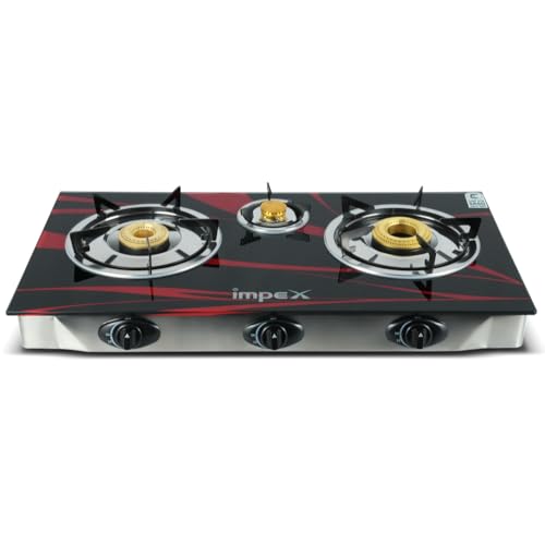 Impex IGS 1213F Auto Ignition 3 Burner LP Gas Stove with Toughened Glass Long Life Spill Tray, 2 Years Warranty