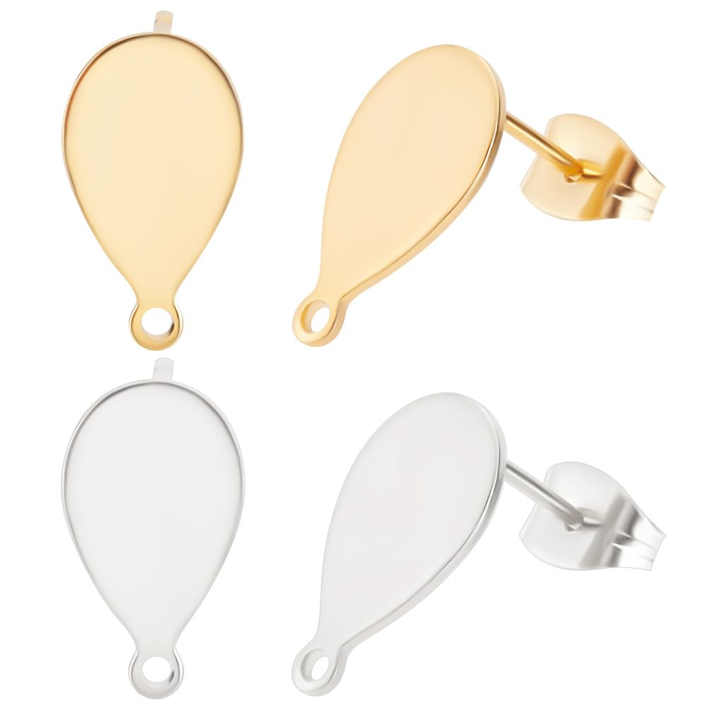 Beebeecraft80Pcs 2 Colors Teardrop Earring Findings 24K Gold Plated Earring Studs Posts with Loops and Butterfly Earring Backs Gold and Silver Color Earring Findings for Jewelry Making