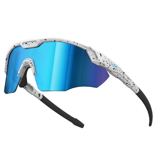 ER00 Sports Shades XL Lunettes de Soleil pour Hommes Baseball Running Cyclisme Volleyball VTT Plein Air Cadeaux Récréatifs (S596 Blanc/Pois/Bleu Blanc)