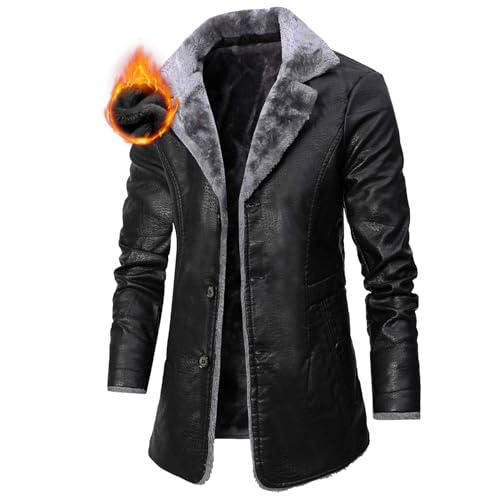 NIDSNID Chaqueta de cuero para hombre, abrigo de invierno con cuello de solapa, chaqueta de piel acolchada de manga larga, chaqueta bomber cálida de oveja para invierno, 4, XL