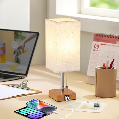 Mengjay Lampe de Chevet avec 2 Ports de Charge USB,Lampe de Table E27 avec Interrupteur à Tirette,Lampe Chambre de Moderne Abat-jour en Tissu pour Salon...