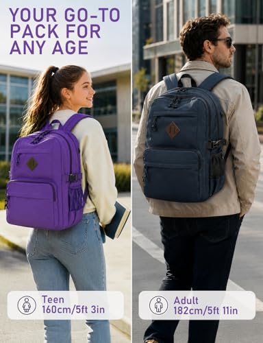 Image of Kasqo School Backpack, 20L Dual Compartment Bookbag for Girls Teens, Purple | 20L, Machine Washable, Water-Resistant, Fit 15.6 Inch Laptop, Dual Main Compartment, 8 Pockets, Side Compression Buckles