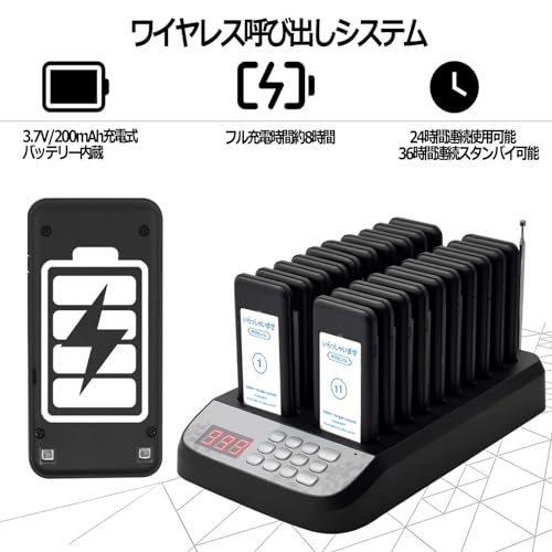 NICHII 呼び出しベル 受信機（子機）20台セット 呼び出し機 ワイヤレスチャイム フードコート 飲食店 受付 呼び出しチャイム 呼び鈴 ポケットベル 業務用 送受信距離アップ 素材アップ 無線呼び出しベル (黒)
