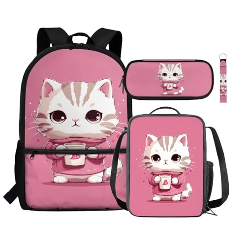 Zaino per bambini borsa termica per il pranzo portapenne astuccio da polso con cordino e portachiavi set 4 in 1 per il rientro a scuola Simpatico gatto Taglia unica Zaini Daypack rosa