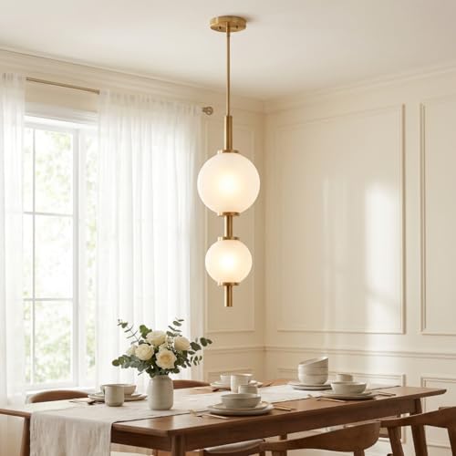 Image of Pendant Light for Ceiling | 3-Color CCT (Warm + Natural + Cold White) | Dual Globe Hanging Lamp | Gold Metal & Acrylic | Bedroom Living Room