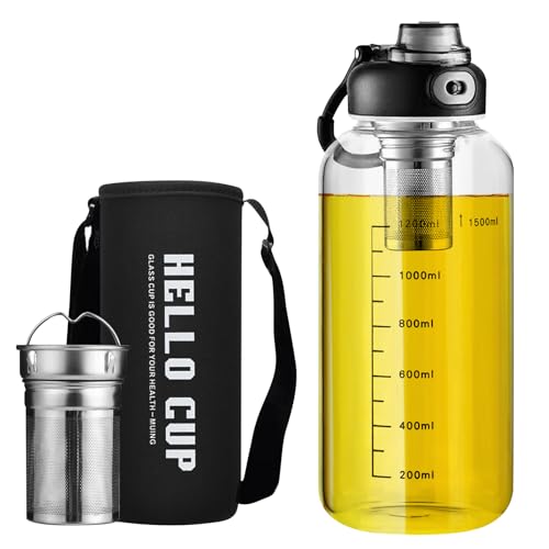 LEKEFETO Gourde en verre 1,5 l avec infuseur à thé - Bouteille d'eau en verre anti-fuite - 1500 ml - Bouteille borosilicate pour thé, bureau, école, sport
