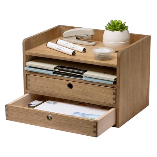 KIRIGEN Boîte de rangement en bois massif Fournitures de bureau, Organiseur de bureau, Plumier multifonctionnel, Grande capacité, Organiseur de bureau en bois jaune-brun
