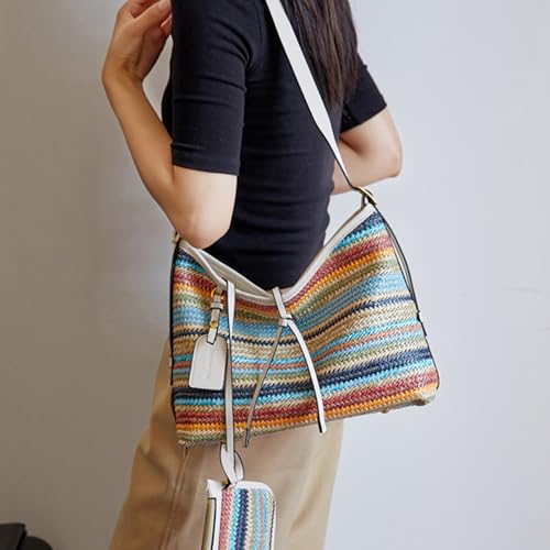 Bolso bandolera de rafia con rayas coloridas miniatura 4