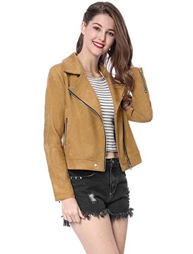 Allegra K Women's Short Soft Zip Up Faux Suede Biker Moto Jacket Medium Khaki #TOP3