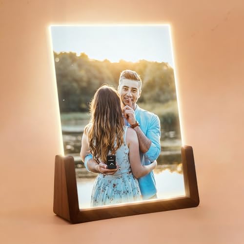 HETOOSHI Walnut Night Light Photo Frame - Illuminated Acrylic Picture Frame with Glowing Wooden Base USB Powered Including charger Easy Photo Swap (Vertical 4X6 inch )