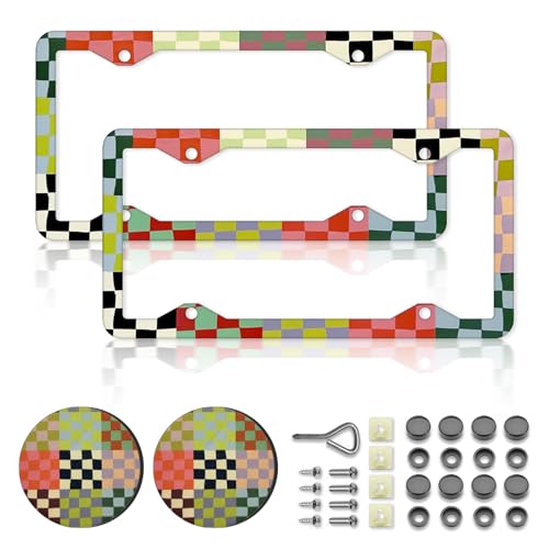 Retro Checkered License Plate Frames，Checkered Car Accessories for Women and Men ，Cute Aluminum License Plate Frame Fits Standard US Vehicles Size 12.2 x 6 Inch (Multicolor-Checkered)