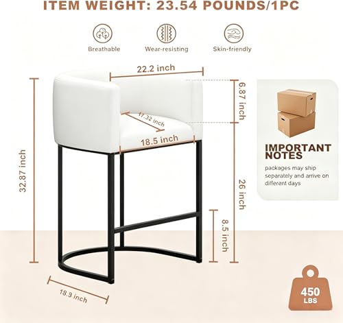 Image of 26 inch H Counter Height Bar Stools Set of 3, Modern Barrel Counter Stools with Backrest and Arms, Linen Fabric Upholstered Accent Barstools for Kitchen Island,Support 450 LBS (White)