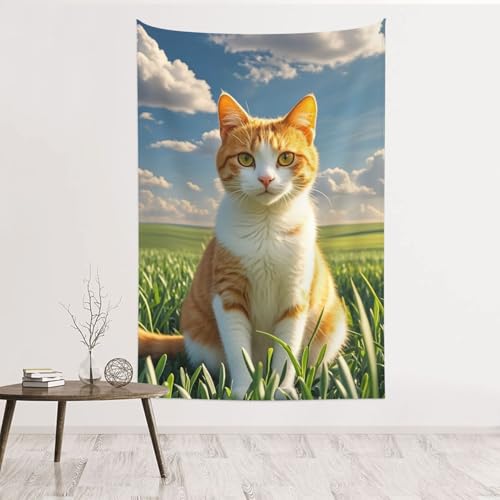 Tapisserie murale chat assis champ vert 152x101 cm en velours pêche