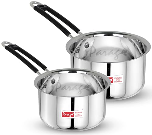Image of Parage 2 Pieces Stainless Steel Sauce Pan, Tea Pan, Milk Pan Heavy Guage with Heat-Resistant Wire Handle Induction & Gas Stove Friendly (1 LTR & 1.25 LTR, Silver), 2.25 Liters