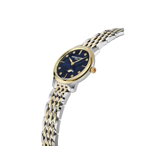 Frederique Constant Ladies Classic Slimline Moonphase Diamond Accent Two Tone Stainless Steel Watch, Blue Mother of Pearl Dial, Style: FC-206MPND1S3B2