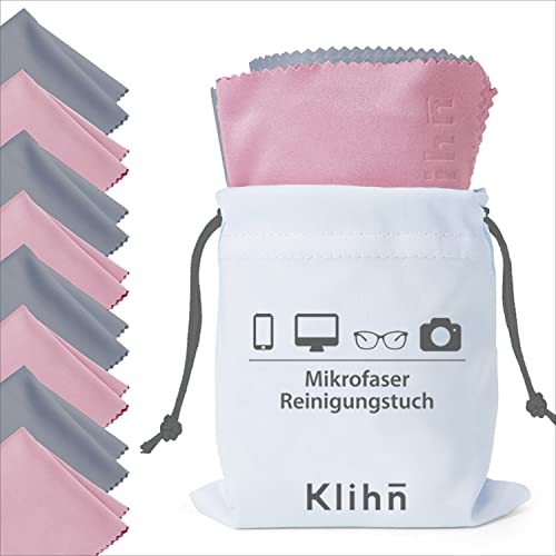 Paño Microfibra de Klihn Kit de 8 toallitas Limpia Gafas para móviles y Gafas. Gamuza Gafas (Microfibra Fina: 18 cm x 16 cm) con Bolsa a Juego (Gris & Rosa)
