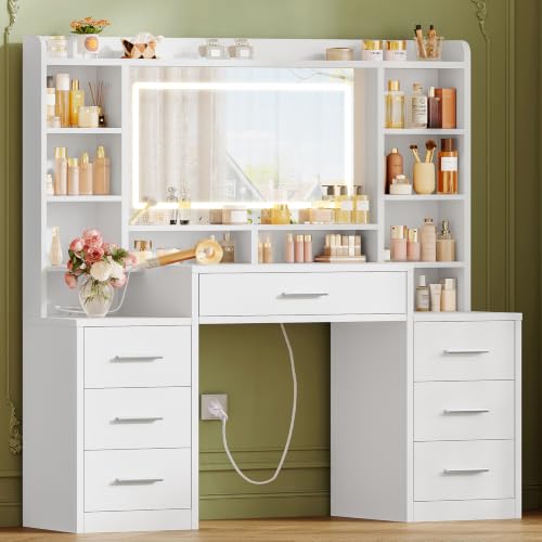Image of FIONESO Large Vanity Desk with Mirror and Lights, 3-Color LED, Makeup Vanity with 7 Drawers, 6 Open Storage Shelves and Power Outlet, White Vanity for Girls, for Bedroom