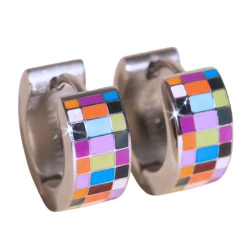 Oh Clementine Super Chunky Checkered Rainbow Huggie Hoop Adjustable Clasp Earrings for Women - 316L Stainless Steel
