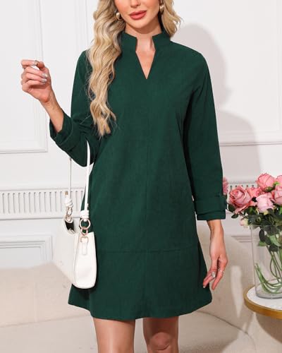 Women's Corduroy Dress Long Sleeve V Neck Stand Collar Casual Vintage Fall Mini Shift Dress with Pocket3