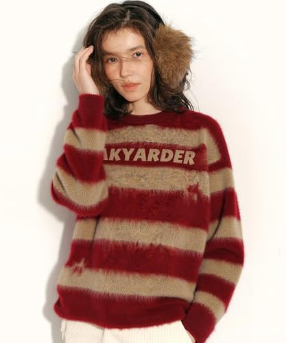 Women’s Fuzzy Striped Oversized Sweater Vintage Star Graphic Streetwear Pullover Knit 2025 Fall Outfits2