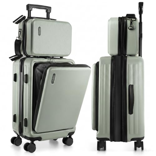 TRAVELARIM 22 Inch Carry On Luggage 22x14x9 Airline Approved, Small Carry On Suitcase, Hard-shell Carry-on Luggage with Wheels, Durable Expandable Sage Green Luggage Carry-On with Cosmetic Case