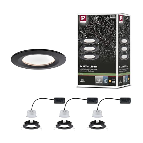 Paulmann 94474 Nova LED Einbauleuchte 3er Set starr Warmweiß 3-Stufen-dimmbar rund incl. 3x6,5 Watt dimmbar Einbaustrahler Schwarz matt Spot Alu Einbaulampe 2700 K Coin