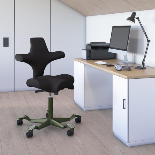 Image of HAG Capisco Sit to Stand Chair-Moss Green Frame-Upholstered Black Onyx Vinyl